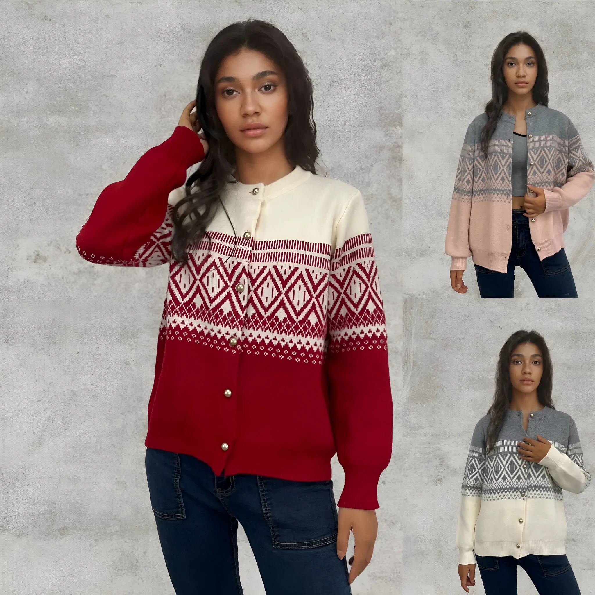 Women's grey alpaca wool cardigan with diamond knit colour block pattern and long sleeves