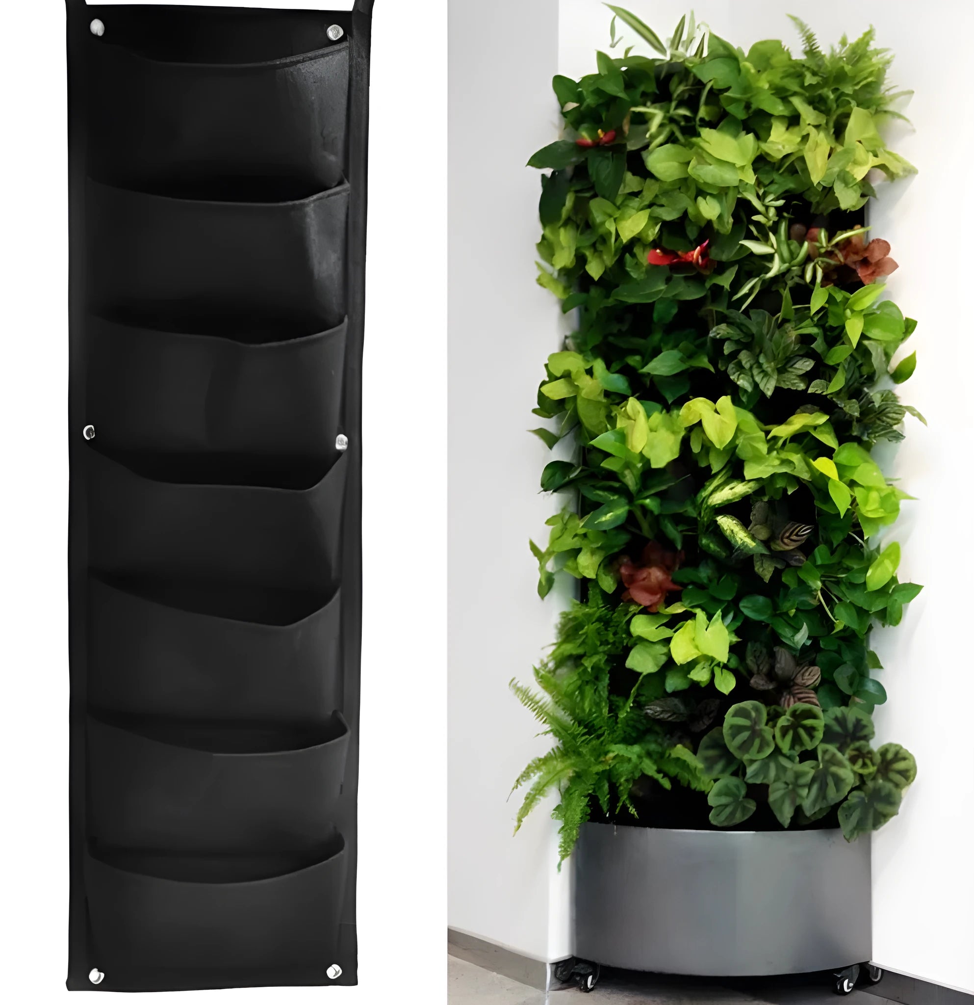 Green felt vertical wall garden planter bag with multiple planting pockets hung on a fence.