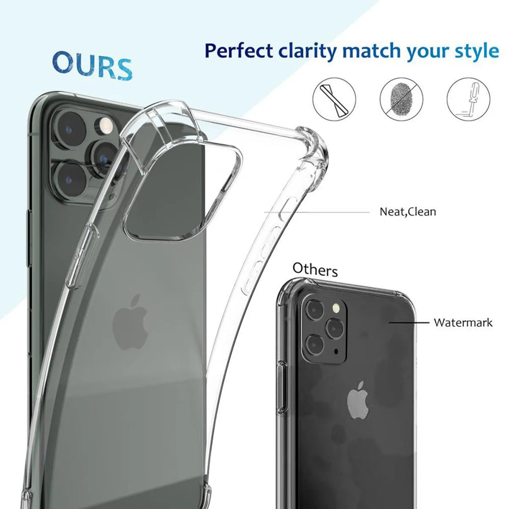 Clear transparent shockproof phone case for Apple iPhone models showing TPU material