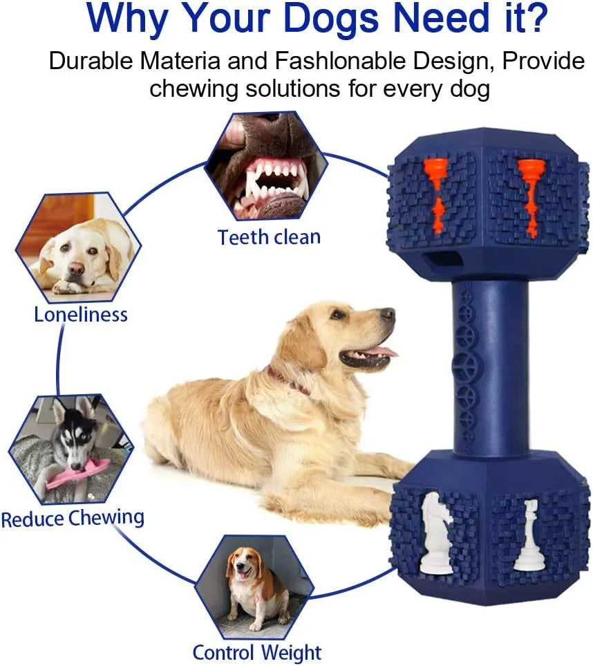 Durable dumbbell-shaped dog chew toy with hollow ends for treats in black or blue colour options