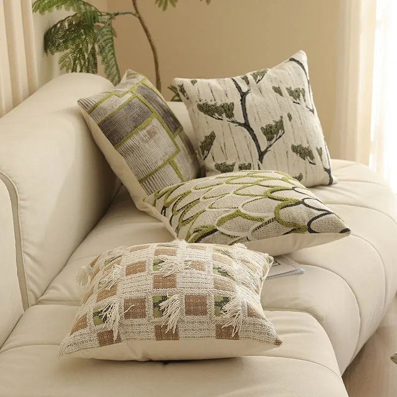 Square Jacquard pillow cover with detailed retro floral pattern on a grey sofa, showing 45x45cm size.
