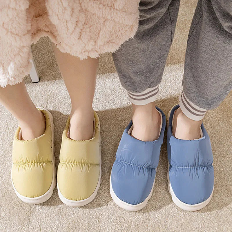 Blue winter house slippers with artificial leather upper, plush lining, and thick rubber anti-slip sole.