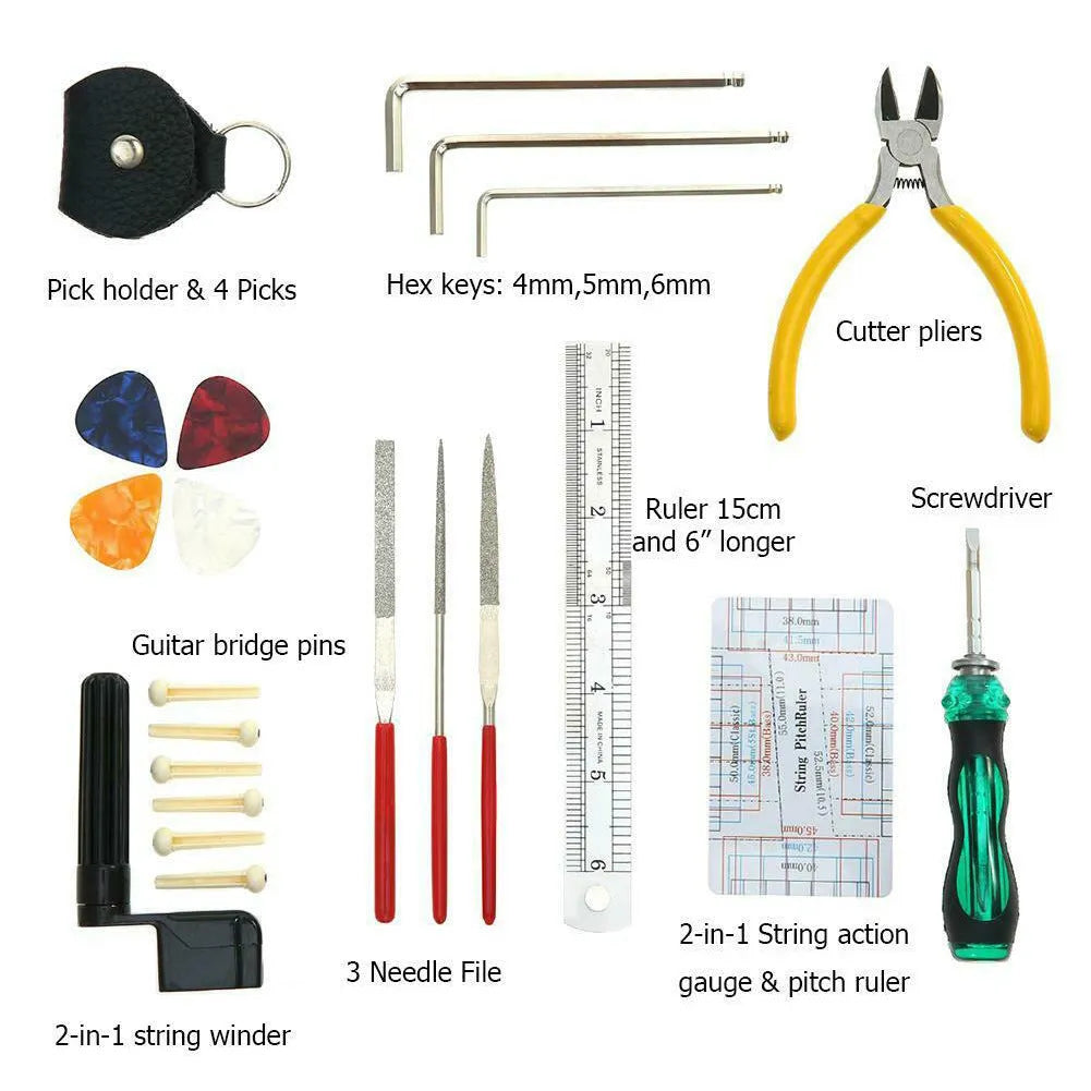 Black plastic guitar repair tool kit case for instrument maintenance