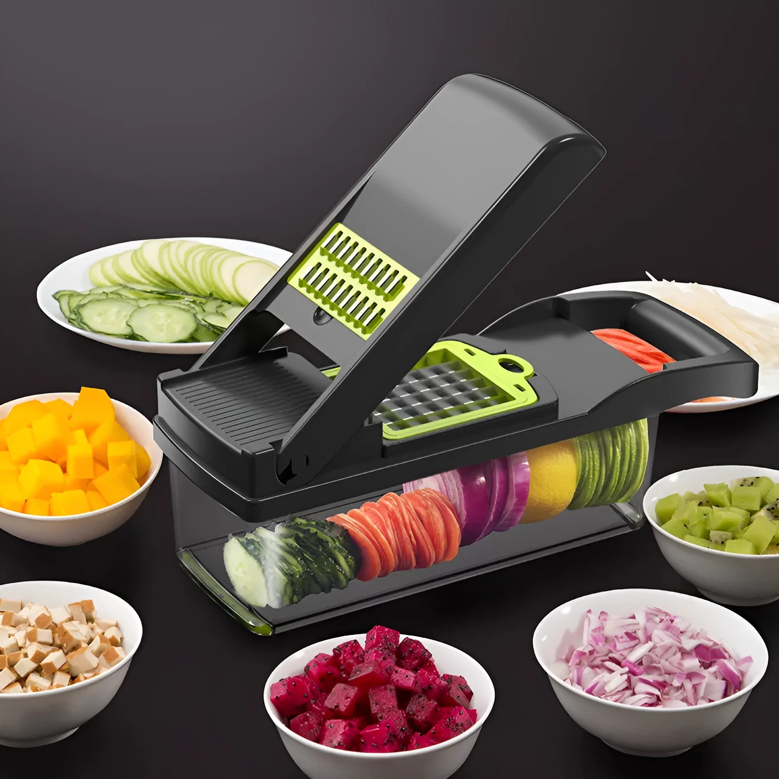 Multifunctional Vegetable Cutter with 7 blades, body in wheat straw material, stainless steel blades, 31.8x11.5x11.5 cm, on kitchen counter
