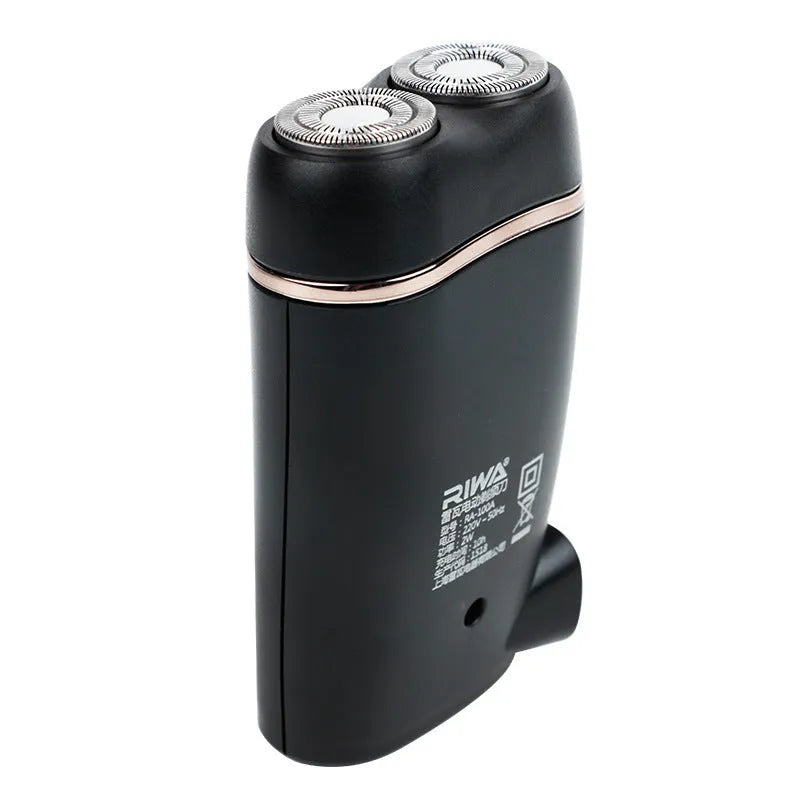 Black rechargeable electric razor with double-ring two-blade rotary shaver head on a white background