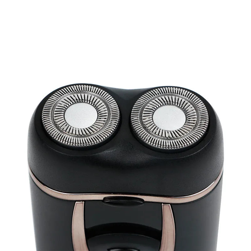 Black rechargeable electric razor with double-ring two-blade rotary shaver head on a white background