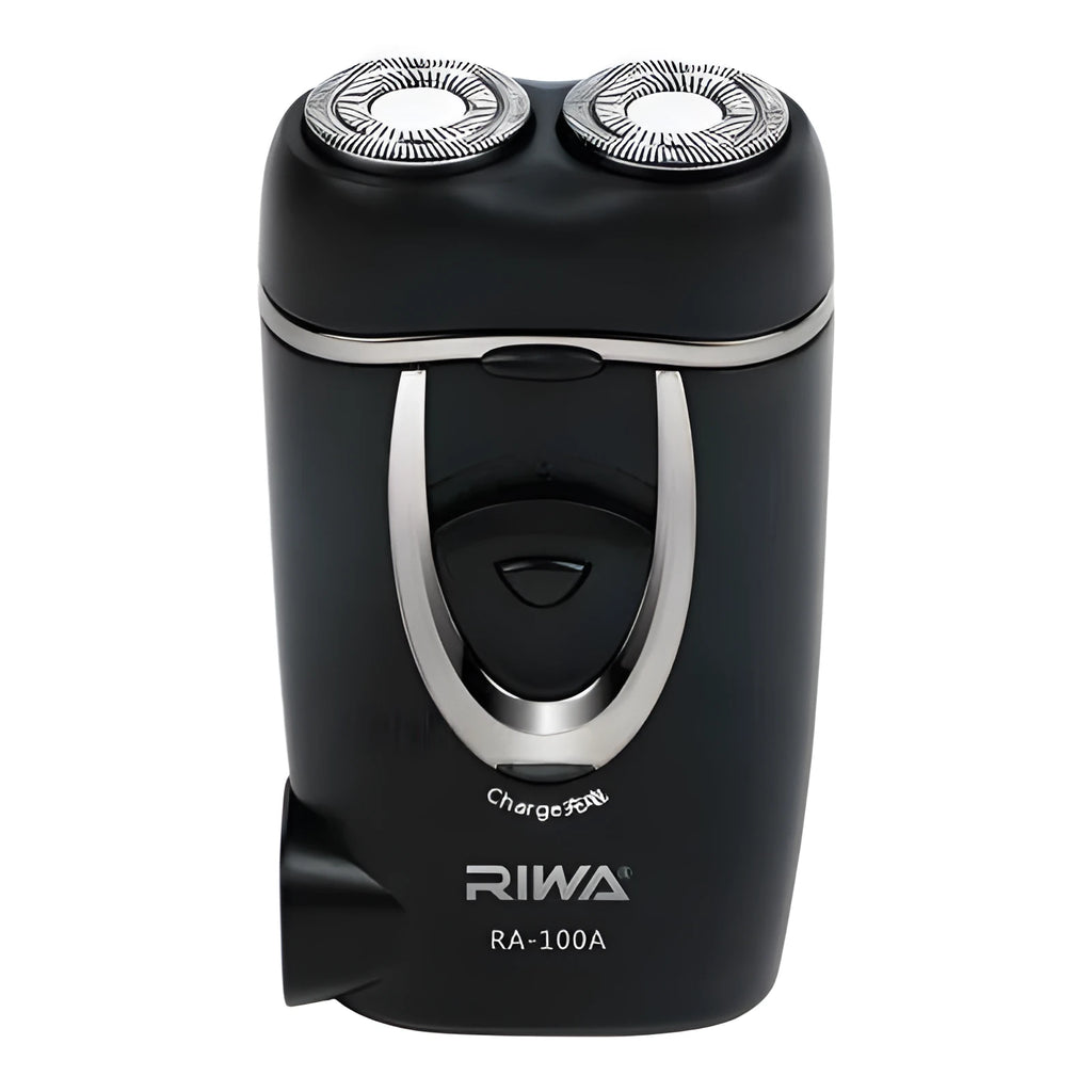 Black rechargeable electric razor with double-ring two-blade rotary shaver head on a white background