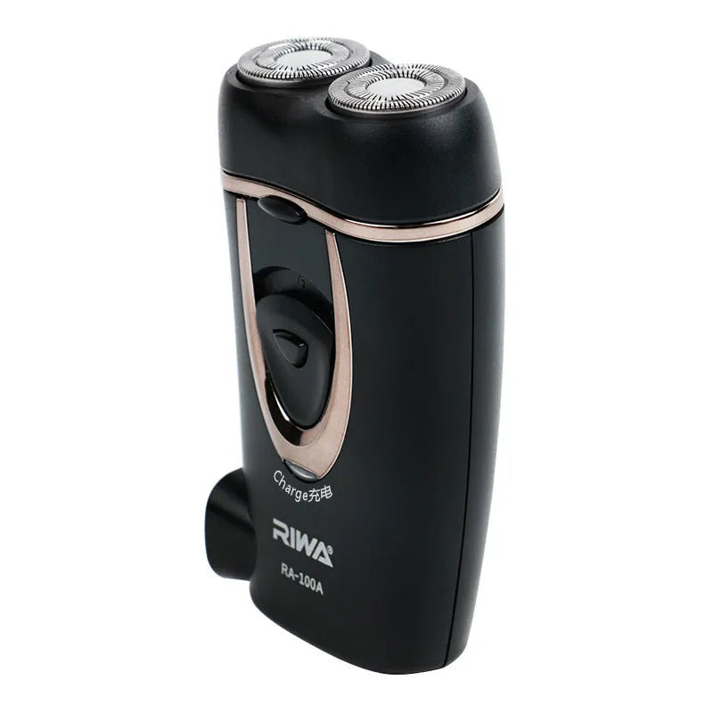 Black rechargeable electric razor with double-ring two-blade rotary shaver head on a white background