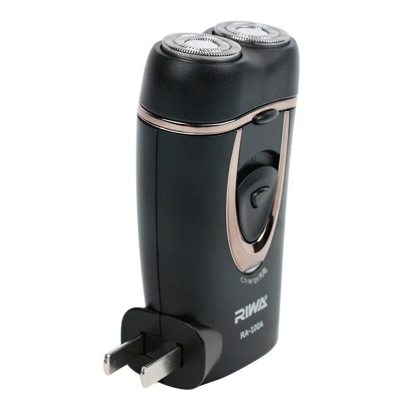 Black rechargeable electric razor with double-ring two-blade rotary shaver head on a white background