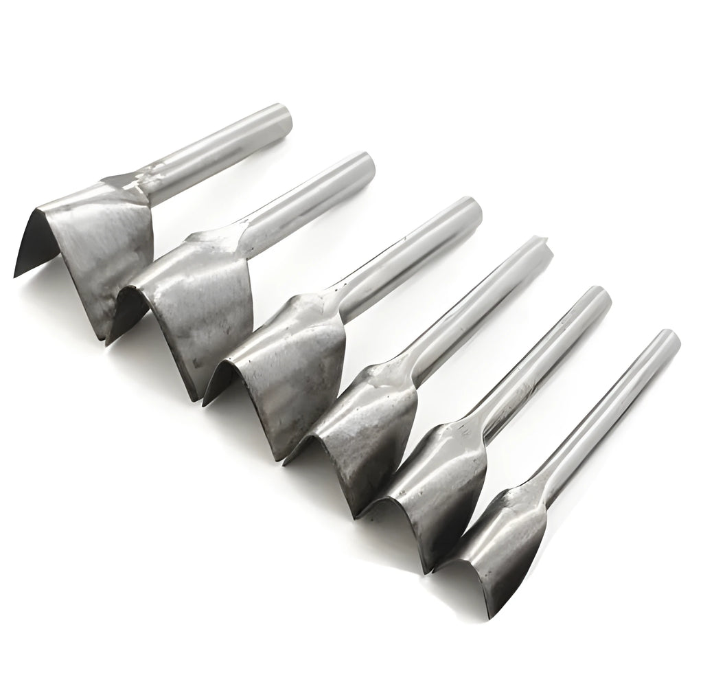 Six steel leather craft punch tools in half-round and V shapes, sizes 15mm to 40mm.