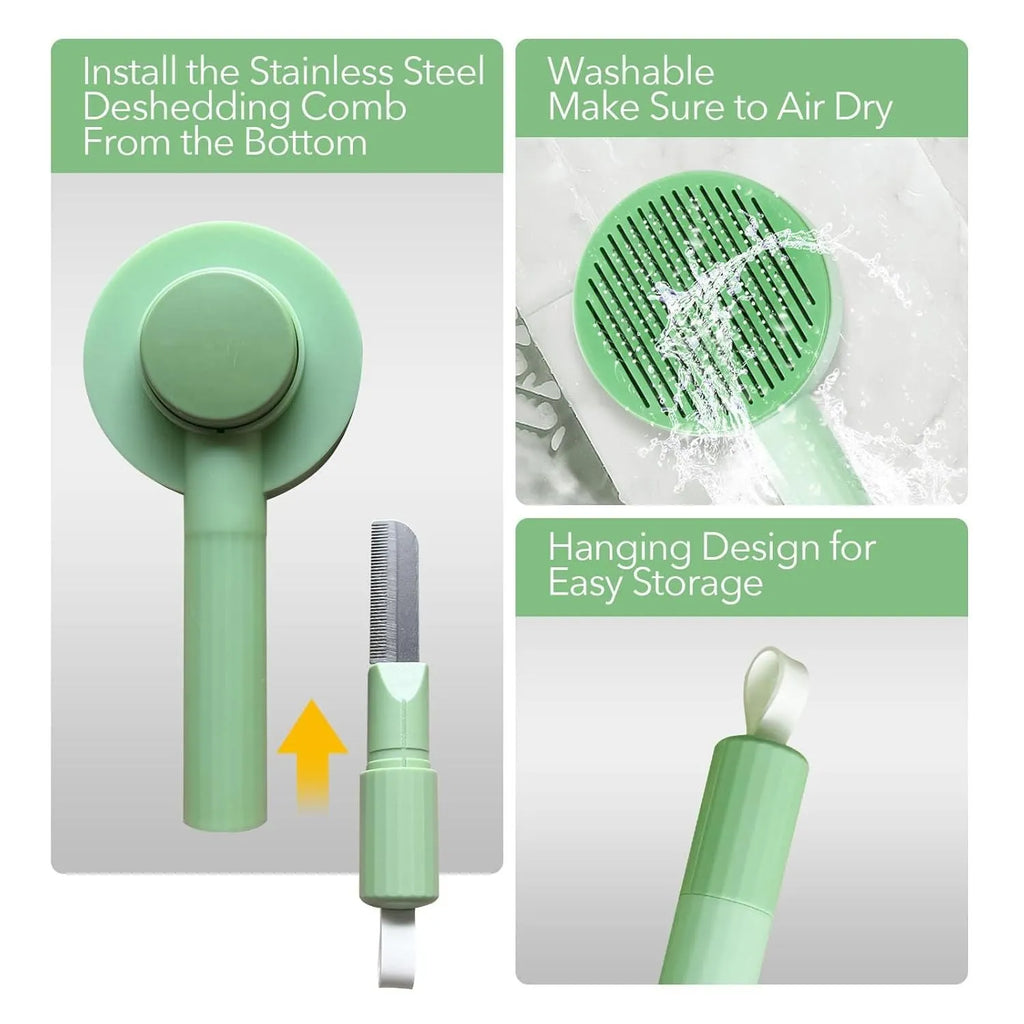 Green and yellow 2-in-1 pet grooming brush with stainless steel bristles for cats and dogs