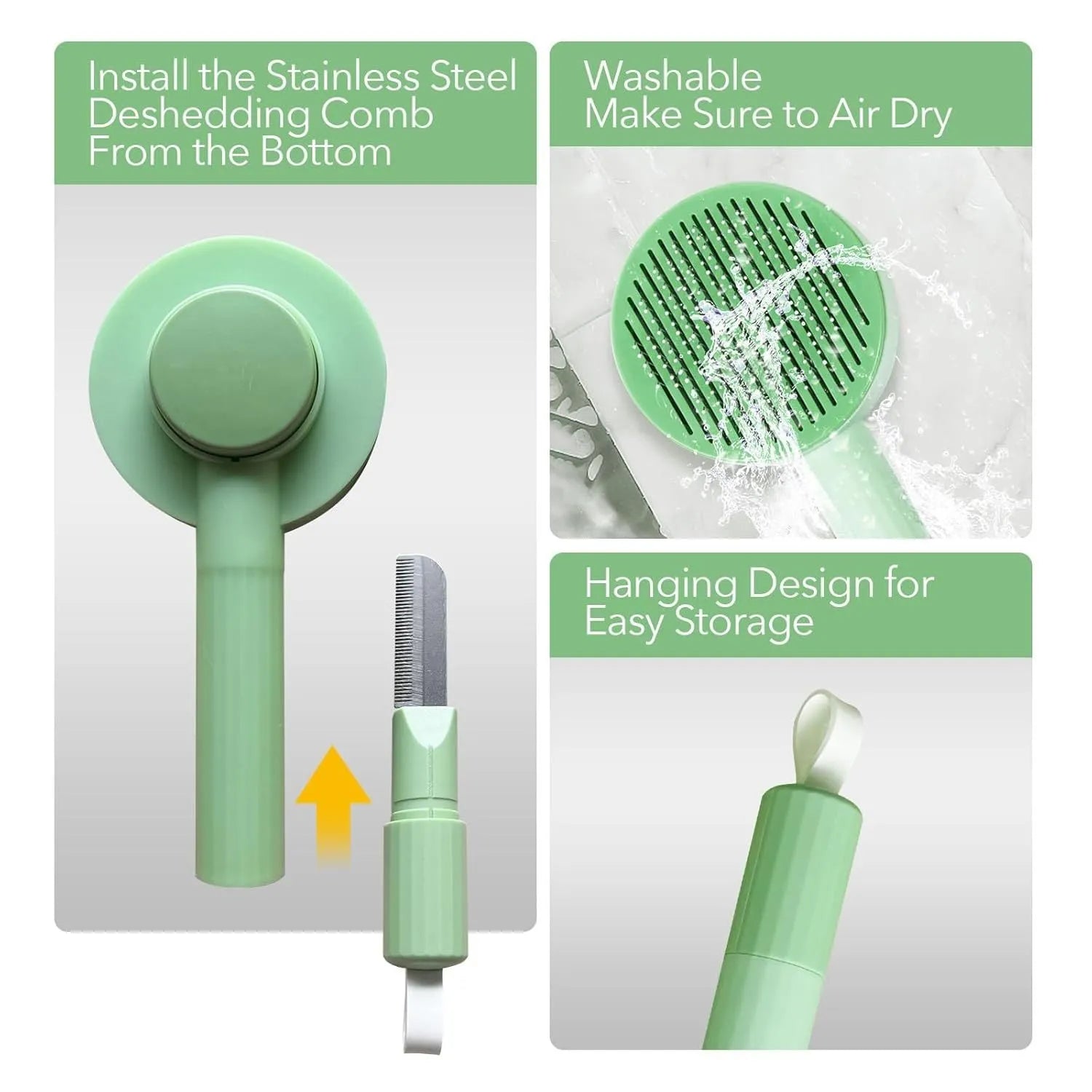 Green and yellow 2-in-1 pet grooming brush with stainless steel bristles for cats and dogs