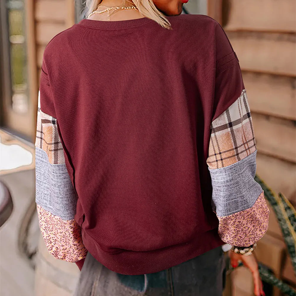 Women's beige and red plaid stitching long-sleeved loose fit polyester top