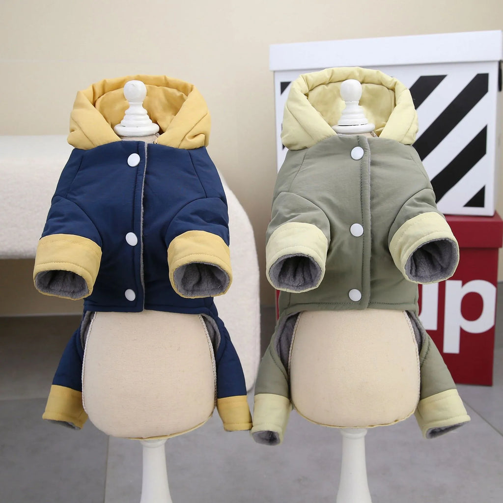 Dog wearing autumn winter four-leg cotton-padded coat in dark navy blue