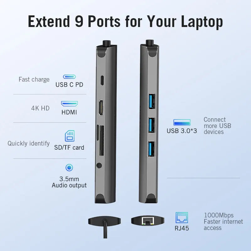 Deep grey USB-C to HDMI, USB 3.0, Ethernet, and card reader 8-in-1 converter hub with 0.15m cable.