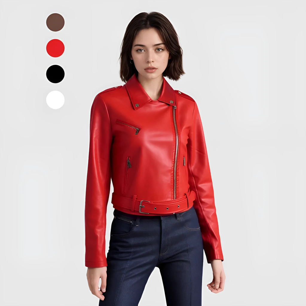 Women's red PU leather jacket with a lapel collar and a short waist belt, laid flat.