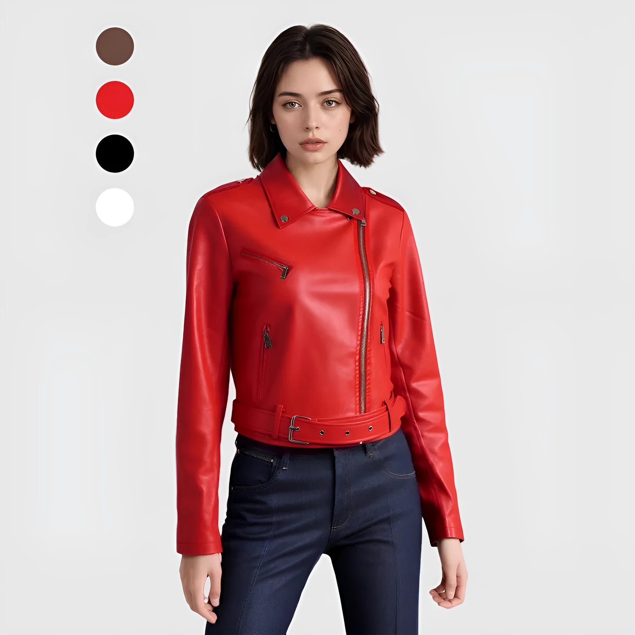 Women's red PU leather jacket with a lapel collar and a short waist belt, laid flat.