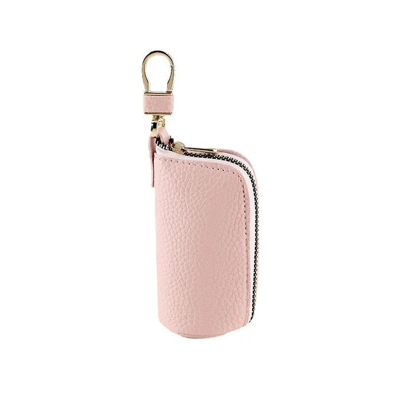 Men's black PU leather zipper key case with key ring attached