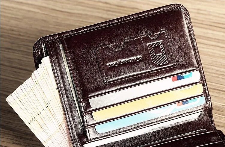 Men's leather wallet in black or brown with banknote folder, card slots, coin pocket, and photo window