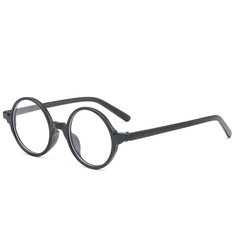 Round retro glasses with artistic frame in four colour options: bright black, sand black, tofu pudding, transparent grey.