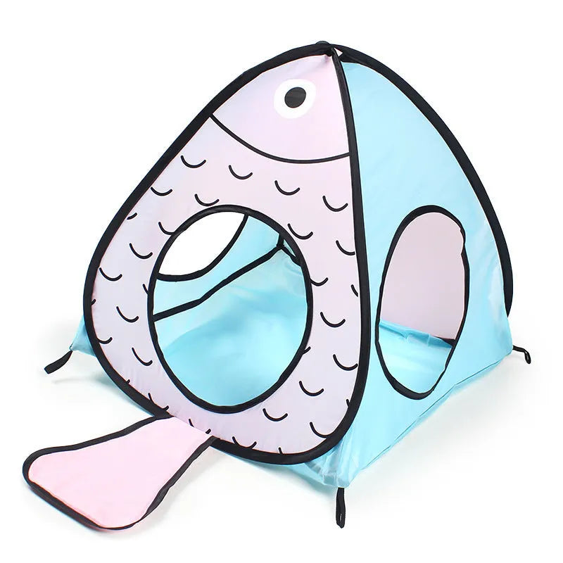 Foldable pet tent cat tunnel set with three connecting sections and tent enclosure in Cat Fish design