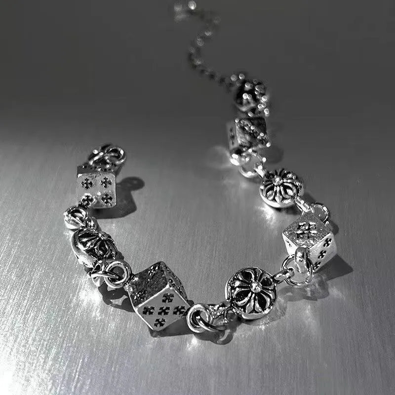Silver titanium steel dice bracelet 20cm unisex retro electroplated chain bracelet with cross and diamond elements