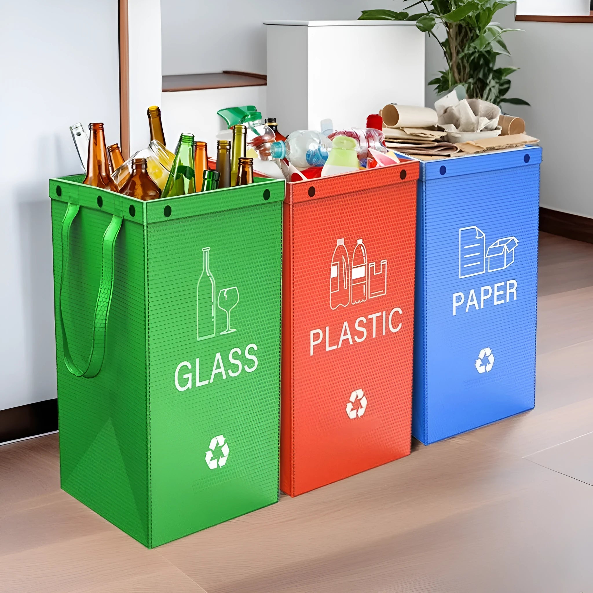 Blue waterproof plastic waste sorting bin with classification compartments, 40 litre capacity.