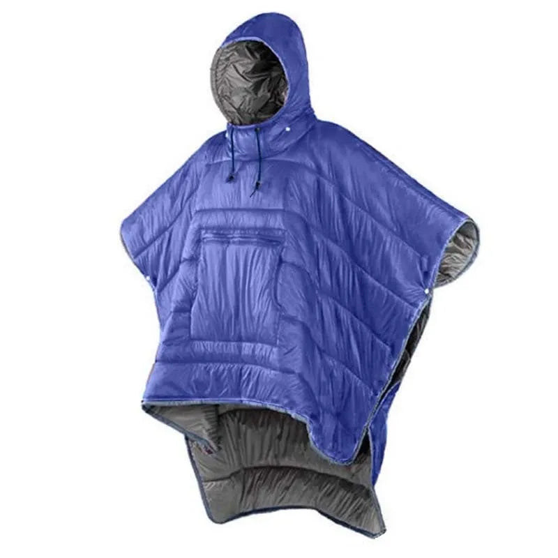 Army Green wearable cloak sleeping bag unfolded showing 200x140cm dimensions and cape design
