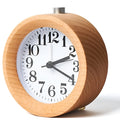 Solid beech wood student bedside alarm clock showing 9.5cm size and analogue dial.