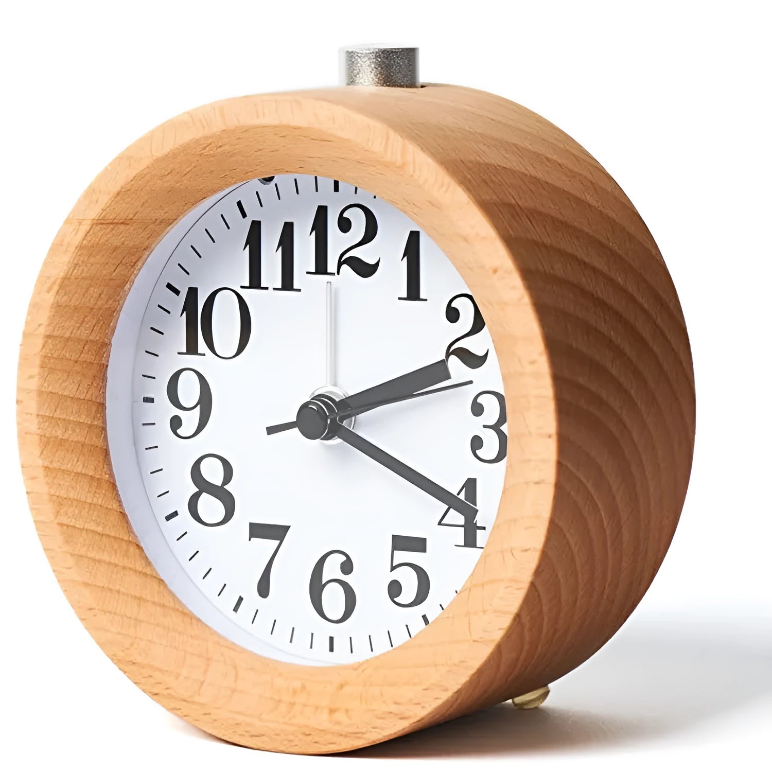 Solid beech wood student bedside alarm clock showing 9.5cm size and analogue dial.