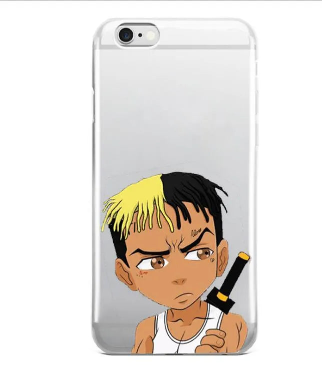 Matte transparent iPhone case with XXXTentacion pattern, showing half-wrapped design on an iPhone.