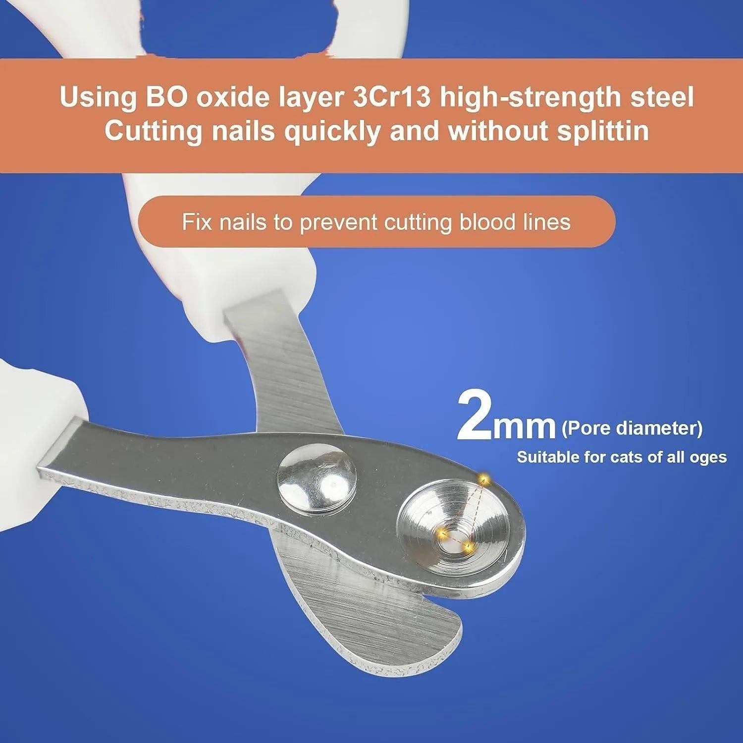 Blue cat nail clippers with circular cutting hole and cushioned non-slip handles on a white background.