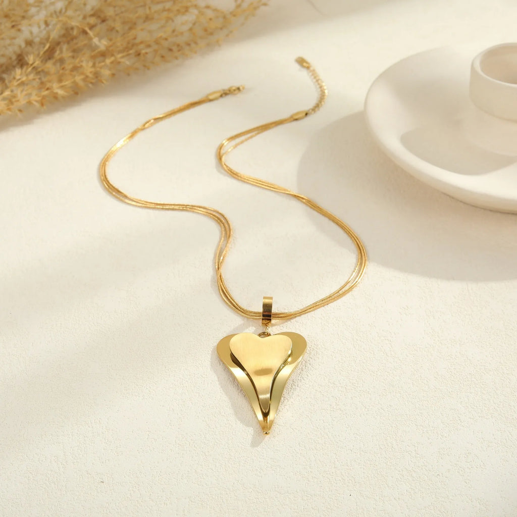 Double heart snake bones chain stainless steel necklace with geometric design in gold or steel colour options