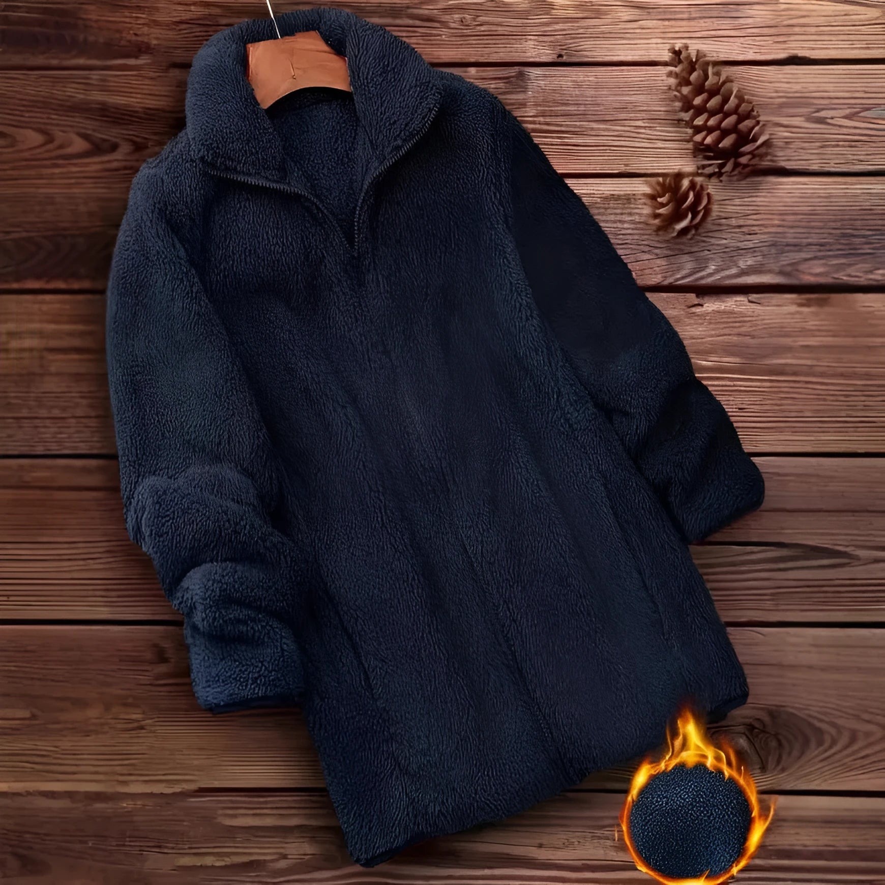 Double-sided velvet fleece coat in black, navy blue and khaki colour options showing soft texture and practical outdoor design