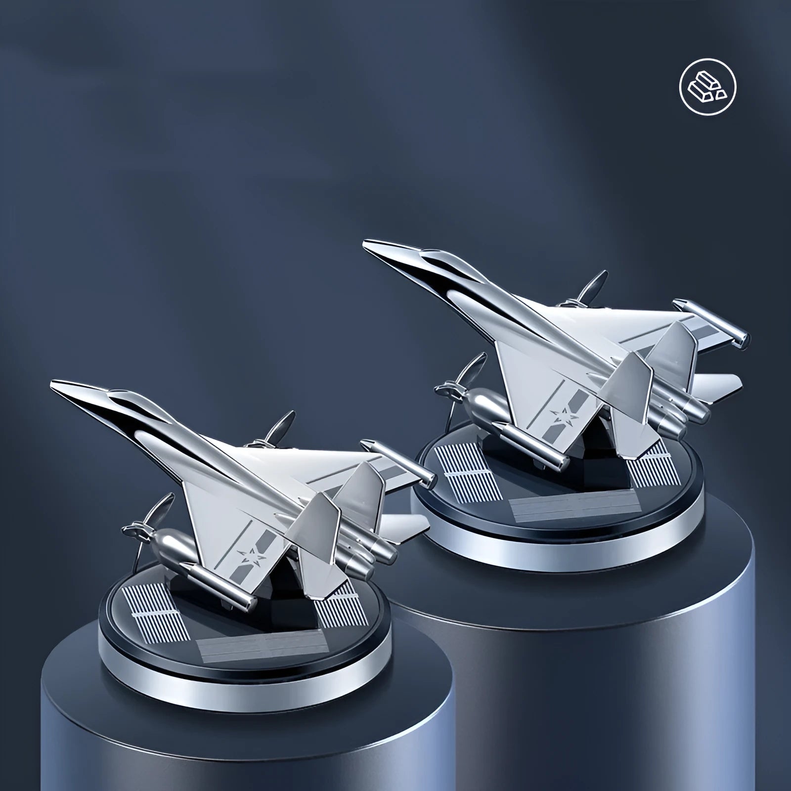 Solar powered rotating silver fighter jet perfume ornament with aluminium alloy base on a car dashboard