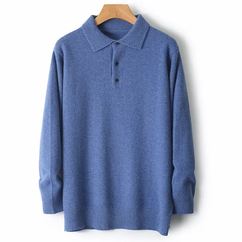 Men's grey woolen pullover sweater with a polo collar and long sleeves laid flat.