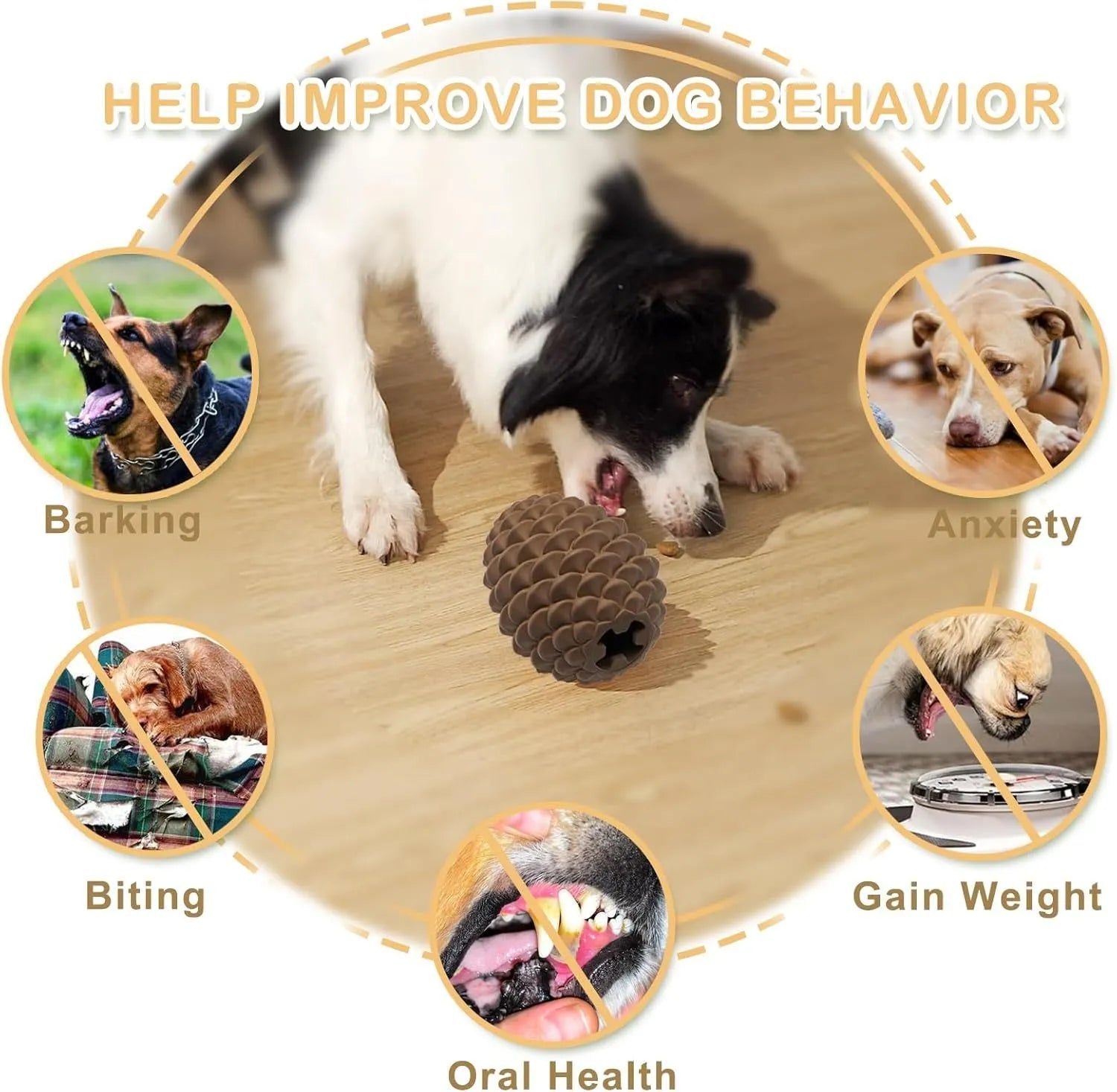 Yellow pine cone-shaped natural rubber dog toy with treat dispenser hole.