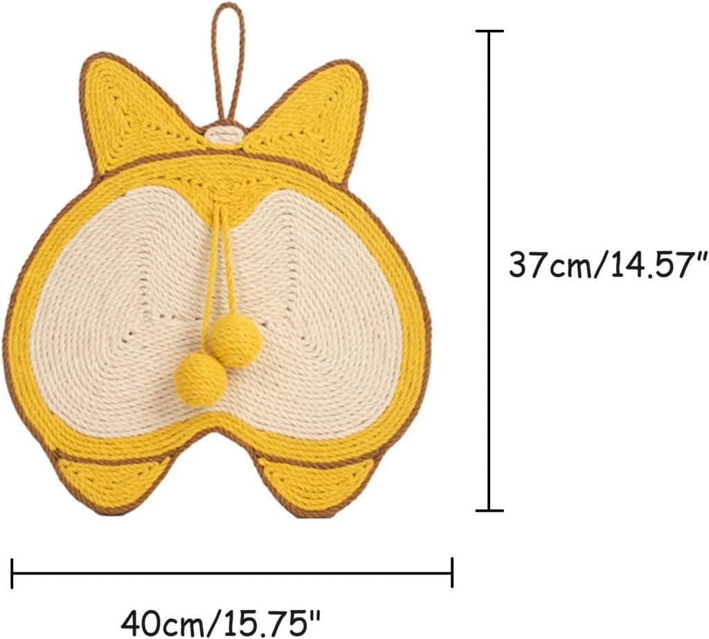 Yellow corgi butt design cat scratching pad made from natural sisal with anti-slip base