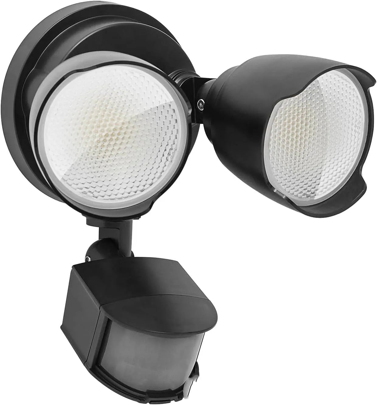 White or black LED human body induction security flood light with wall mounting bracket.