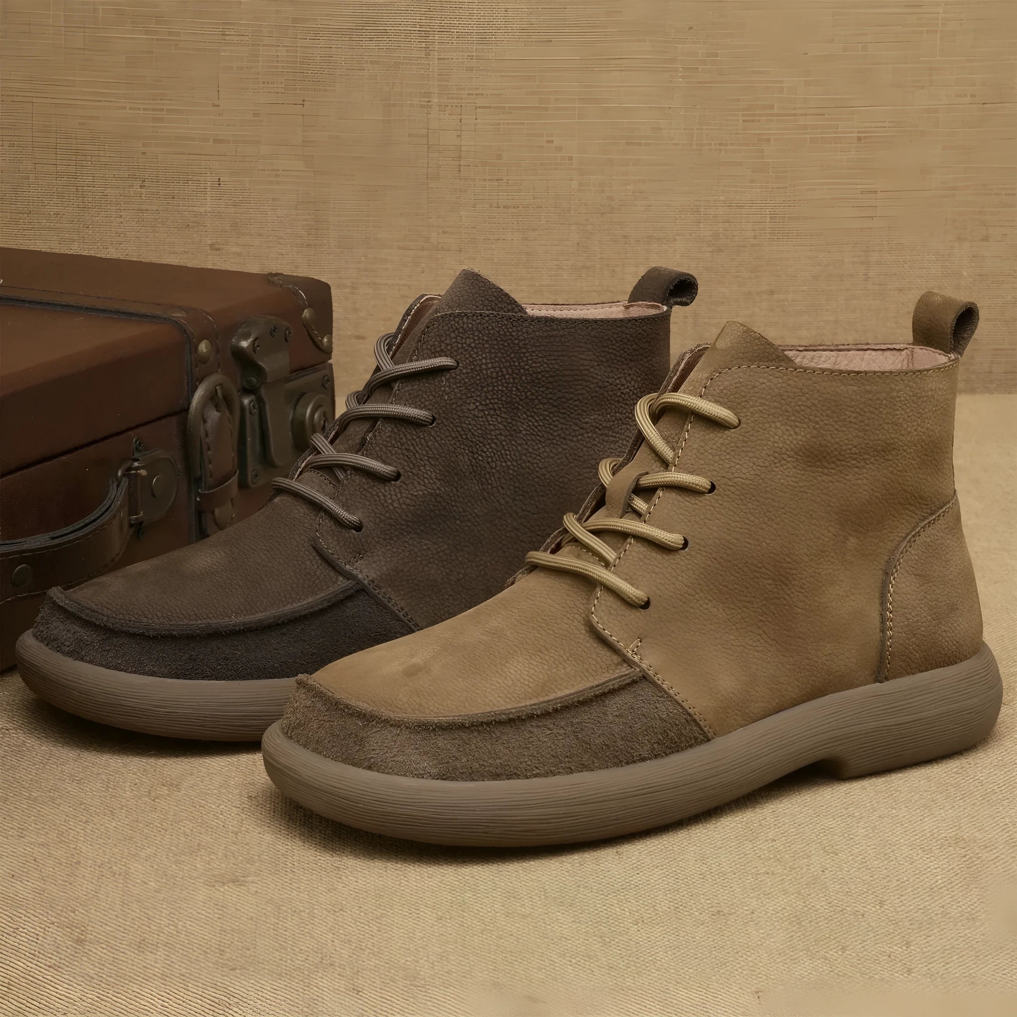 Grey genuine leather women's Martin boots with wedge heel and front lace-up design.