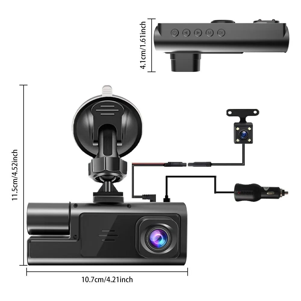 WiFi-connected car dash camera with 2.0-inch LCD screen showing front and rear recording capability
