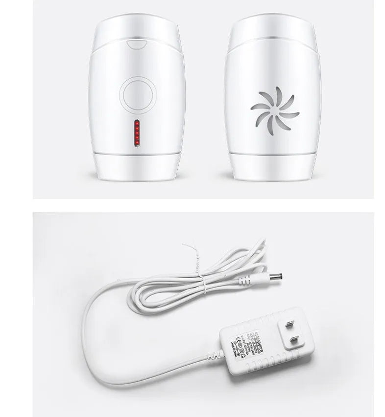 White home laser hair removal handset unit with display, shown next to its power adapter.
