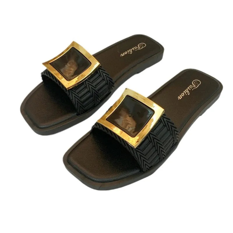 Women's apricot, black, and khaki coloured casual flat summer slippers with a waterproof PVC non-slip sole