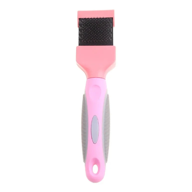 Blue double-sided pet brush with stainless steel pins on a white background, showing both gentle and firm bristle sides.
