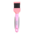 Blue double-sided pet brush with stainless steel pins on a white background, showing both gentle and firm bristle sides.