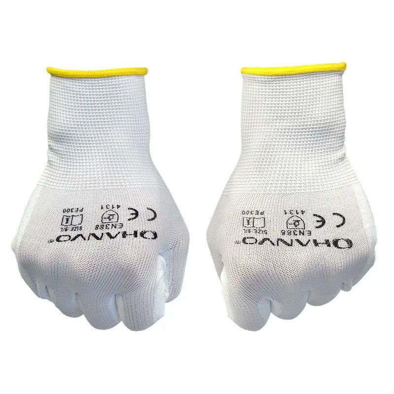 White PU coated labour gloves showing palm detail and length, sizes L and M, in a 10-pair pack.
