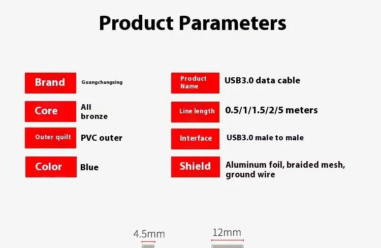 USB 3.0 data cable for mobile hard disk boxes with nickel-plated connectors in various length options