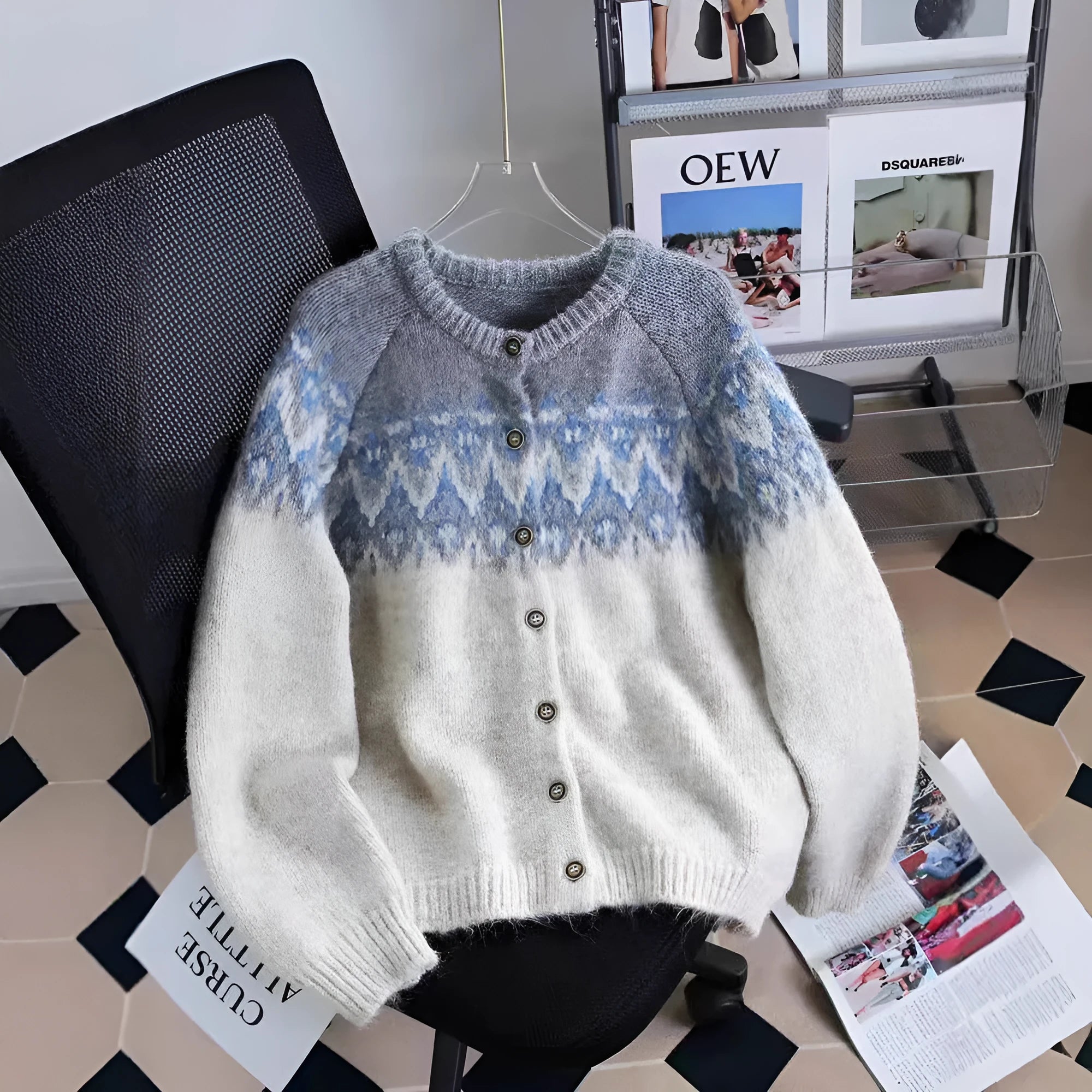 Women's contrast colour jacquard thickened sweater coat loose fit long sleeves