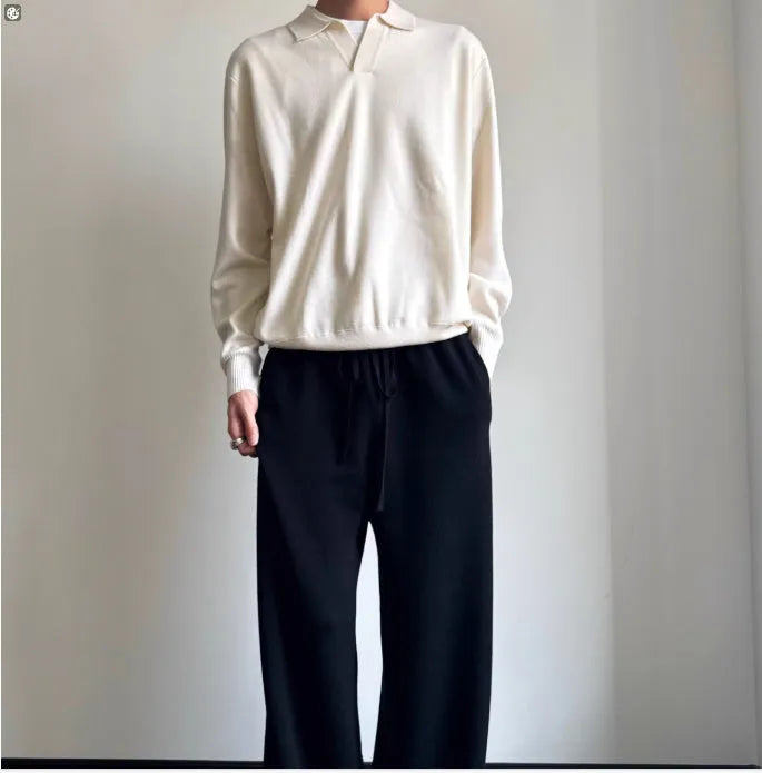 Men's pure wool polo sweater with lapel collar in milky white and navy blue colours