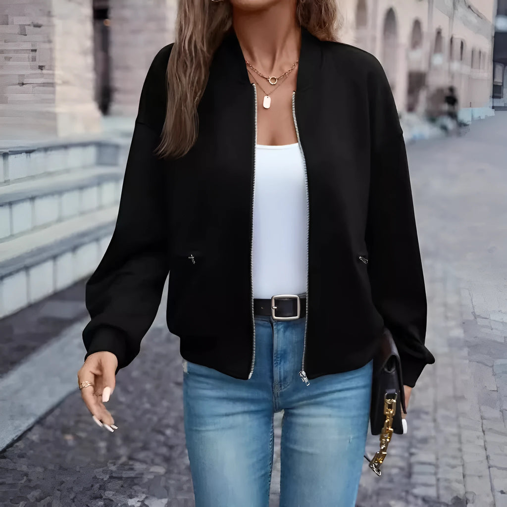 Black women's long sleeve zip-up casual jacket with faux pockets